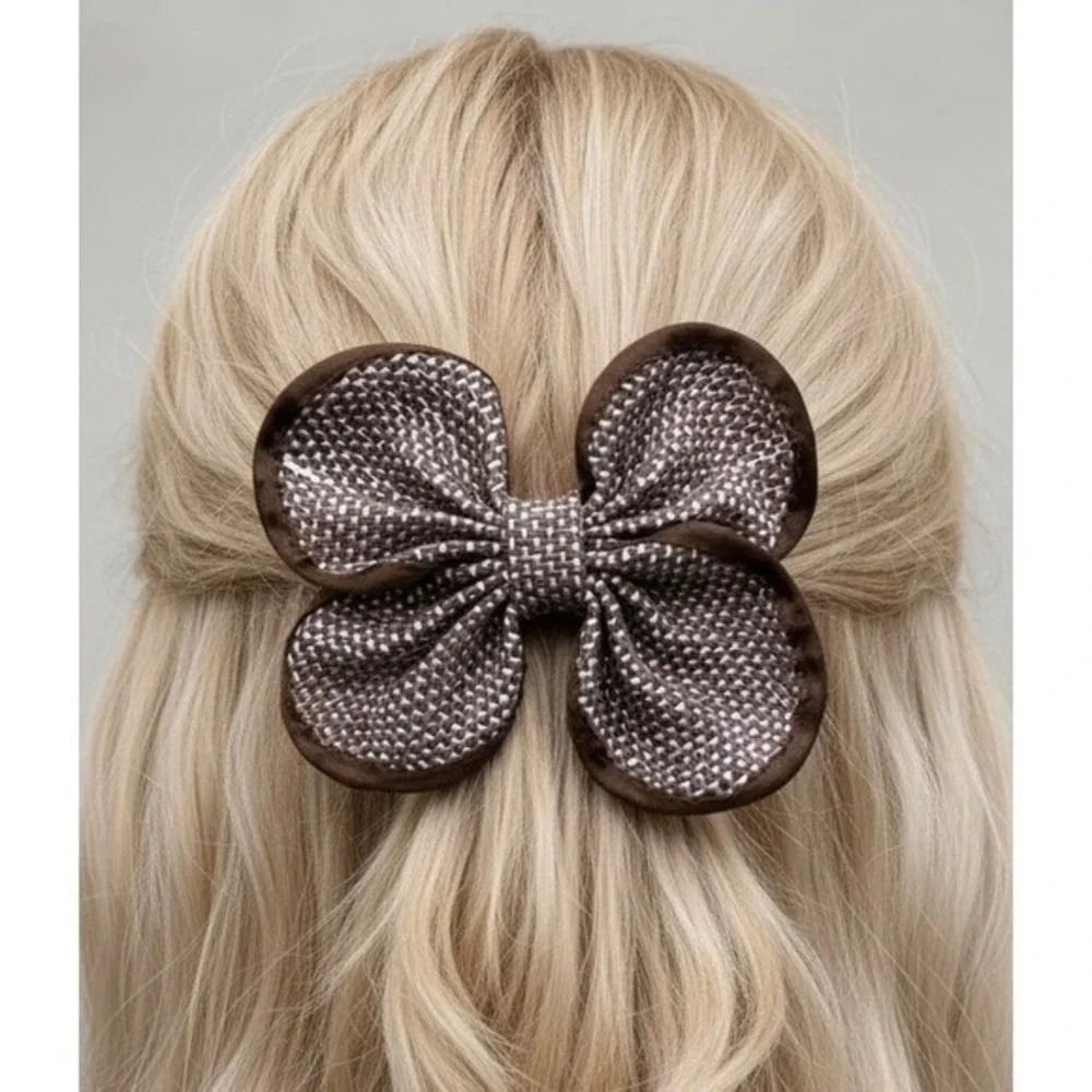 Vintage Brown White Woven Burlap Style Texture Double-loop Bow Hair Barrette